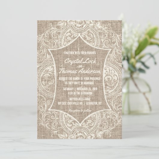 Rustic Burlap  Franse Lace Wedding Invite Kaart (Staand voorkant)