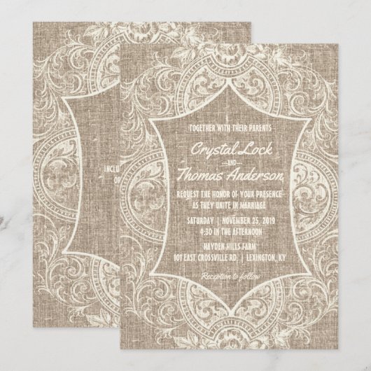 Rustic Burlap Franse Lace Wedding Invite Kaart (Voorkant / Achterkant)