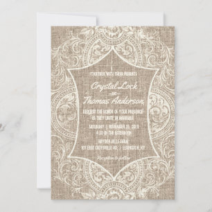 Rustic Burlap  Franse Lace Wedding Invite Kaart