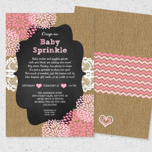 Rustic burlap girl drop-in baby sprinkle kaart