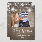 Rustic Burlap Glows Stars Merry Kerstfoto Feestdagenkaart (Voorkant / Achterkant)