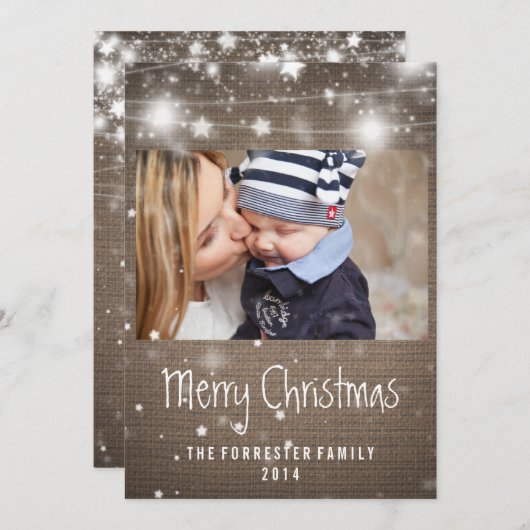 Rustic Burlap Glows Stars Merry Kerstfoto Feestdagenkaart (Voorkant / Achterkant)
