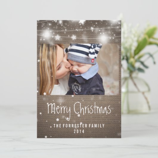 Rustic Burlap Glows Stars Merry Kerstfoto Feestdagenkaart (Staand voorkant)
