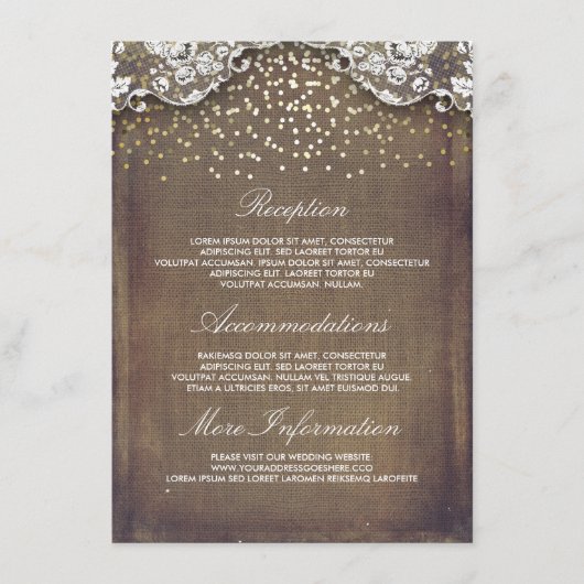 Rustic Burlap Gold Confetti Lace Wedding Details Informatiekaartje (Voorkant)