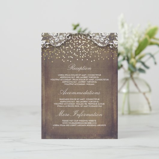 Rustic Burlap Gold Confetti Lace Wedding Details Informatiekaartje (Staand voorkant)