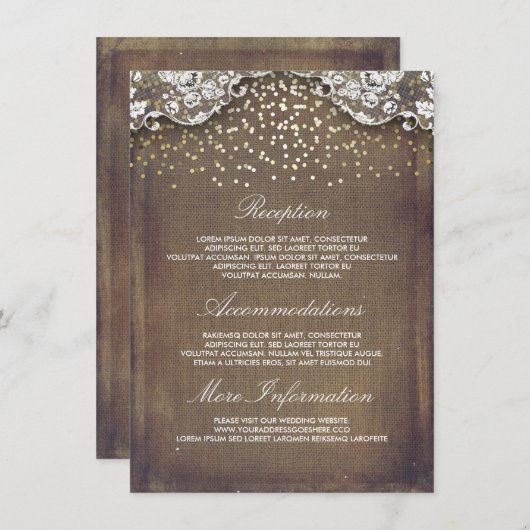 Rustic Burlap Gold Confetti Lace Wedding Details Informatiekaartje (Voorkant / Achterkant)