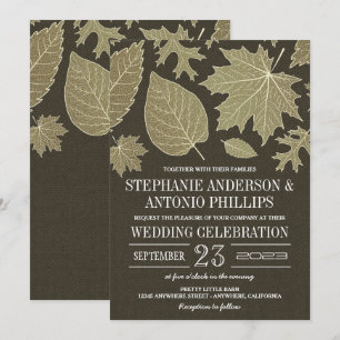 Rustic Burlap Gold Fall Leaves Wedding Invitations Kaart
