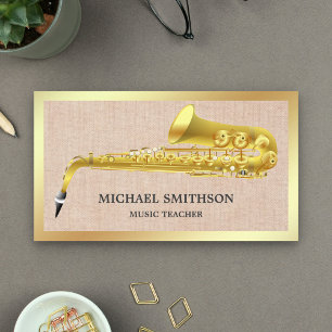 Rustic Burlap Gold Foil Saxophone Music Teacher Visitekaartje