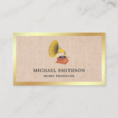 Rustic Burlap Gold Folie Gramophone Muziekproducen Visitekaartje (Voorkant)