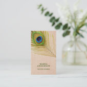  Rustic Burlap Green Indian Peacock Feather Visitekaartje (Staand voorkant)