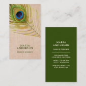  Rustic Burlap Green Indian Peacock Feather Visitekaartje (Voorkant / Achterkant)