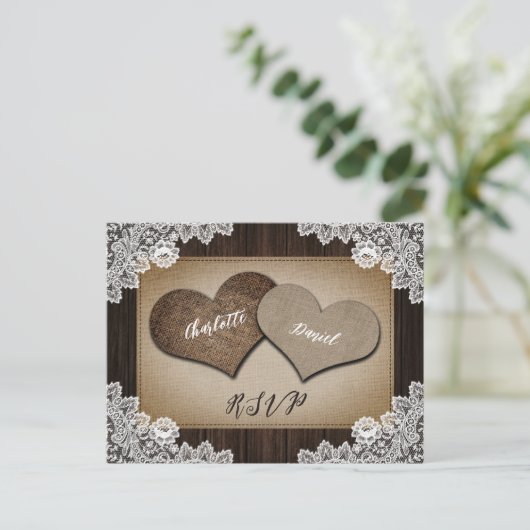 Rustic Burlap Hart RSVP Briefkaart Keuze uit maalt (Staand voorkant)