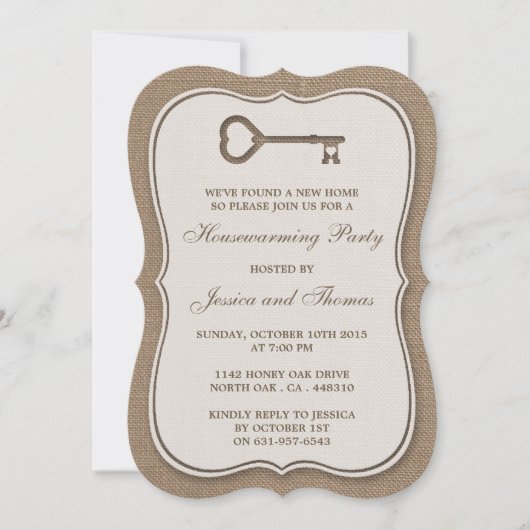 Rustic Burlap Heart Key New Home Housewarming Kaart (Voorkant)