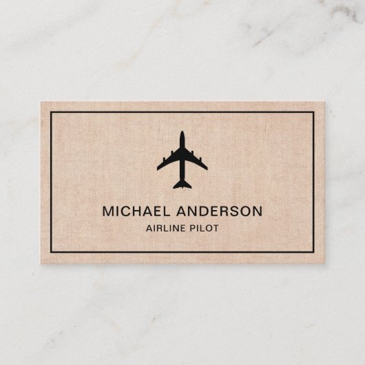 Rustic Burlap Jet Vliegtuig Vliegtuigpiloot Visitekaartje (Voorkant)