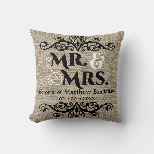 Rustic Burlap Kijk Mr en Mrs Wedding Kussen (Voorkant)