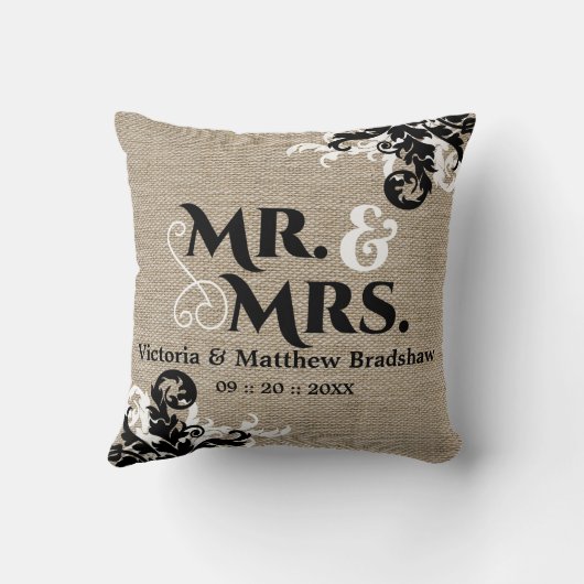 Rustic Burlap Kijk Mr en Mrs Wedding Kussen (Achterkant)