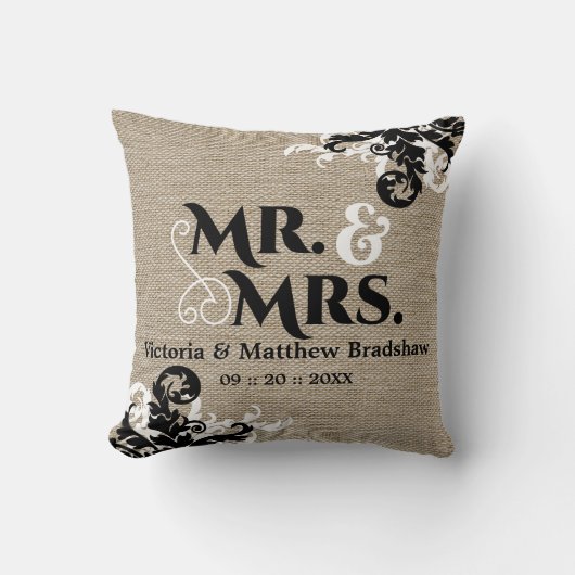Rustic Burlap Kijk Mr en Mrs Wedding Kussen (Voorkant)