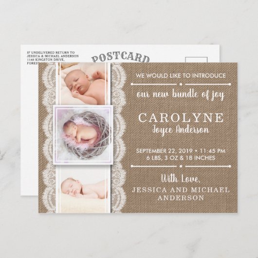 Rustic Burlap & Lace | 3 Aankondiging van de geboo (Voorkant / Achterkant)