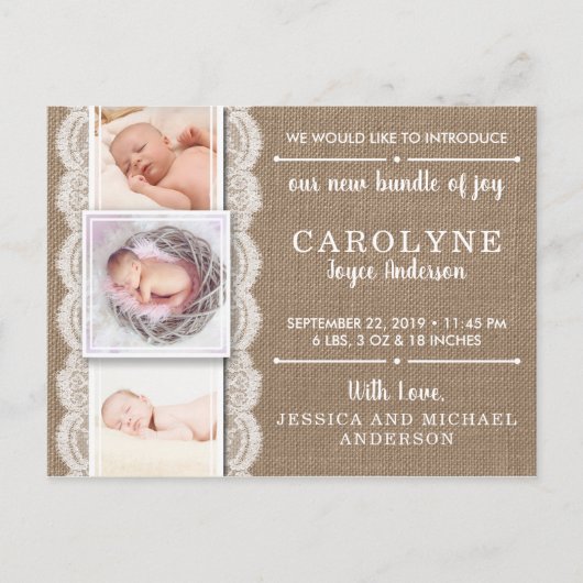 Rustic Burlap & Lace | 3 Aankondiging van de geboo (Voorkant)