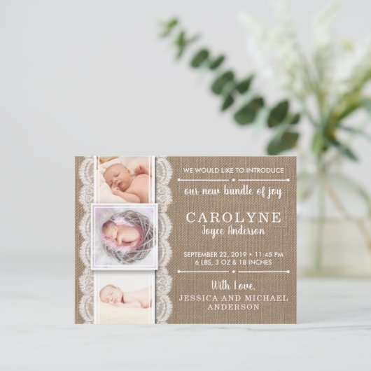 Rustic Burlap & Lace | 3 Aankondiging van de geboo (Staand voorkant)