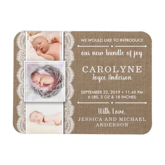 Rustic Burlap & Lace | 3 Aankondiging van de geboo Magneet (Horizontaal)