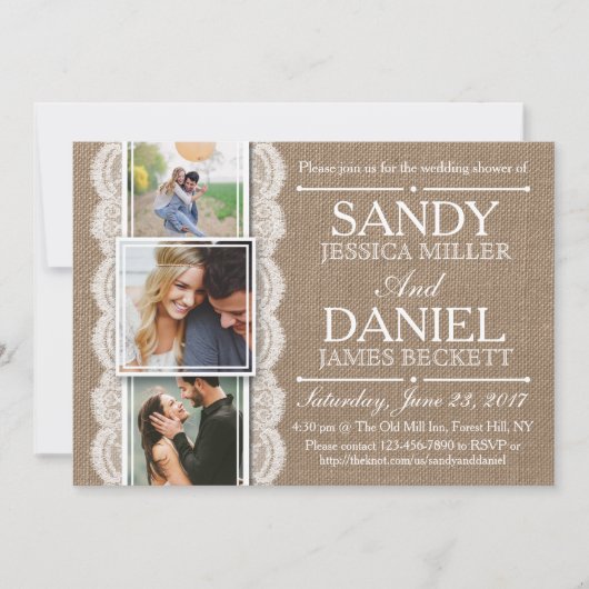 Rustic Burlap & Lace 3 Custom Photo Wedding Shower Kaart (Voorkant)