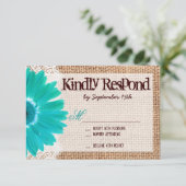 Rustic Burlap Lace Blauwgroen Daisy Wedding RSVP-k RSVP Kaartje (Staand voorkant)