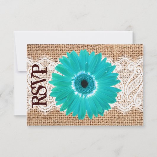 Rustic Burlap Lace Blauwgroen Daisy Wedding RSVP-k RSVP Kaartje (Achterkant)