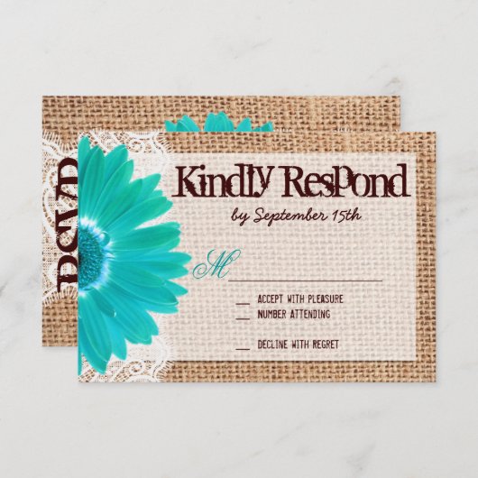 Rustic Burlap Lace Blauwgroen Daisy Wedding RSVP-k RSVP Kaartje (Voorkant / Achterkant)