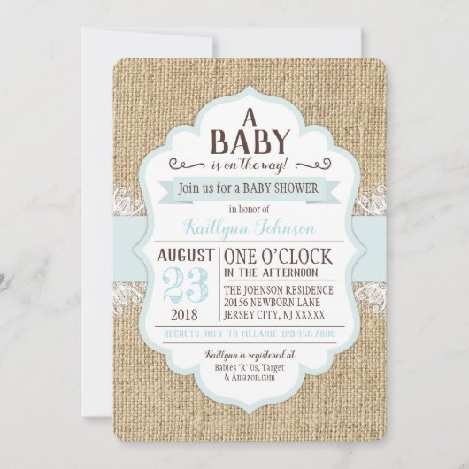 Rustic Burlap Lace Blue Baby shower Invitation Kaart (Voorkant)