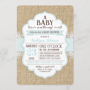 Rustic Burlap Lace Blue Baby shower Invitation Kaart
