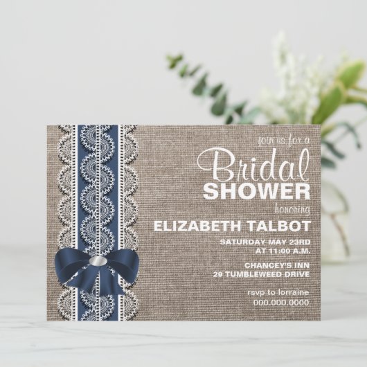 Rustic Burlap, Lace & Bow Bridal Shower Invitation Kaart (Staand voorkant)