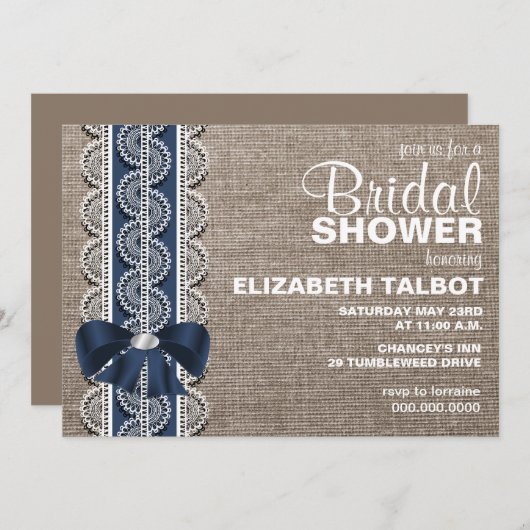 Rustic Burlap, Lace & Bow Bridal Shower Invitation Kaart (Voorkant / Achterkant)