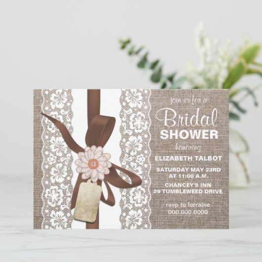 Rustic Burlap & Lace Bridal Shower Invitation Kaart (Staand voorkant)