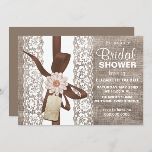 Rustic Burlap & Lace Bridal Shower Invitation Kaart (Voorkant / Achterkant)