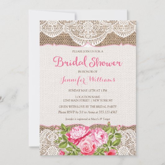 Rustic Burlap Lace Bridal Shower Rozen Kaart (Voorkant)