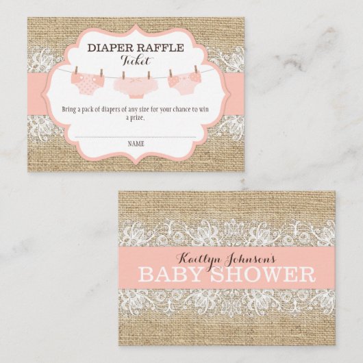 Rustic Burlap Lace Coral Diaper Raffle Ticket Informatiekaartje (Voorkant / Achterkant)