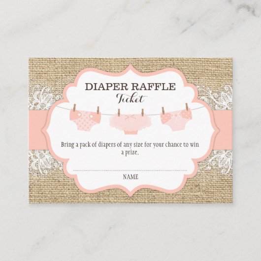Rustic Burlap Lace Coral Diaper Raffle Ticket Informatiekaartje (Voorkant)
