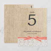 Rustic Burlap Lace Coral Ribbon Tafelnummer (Voorkant / Achterkant)