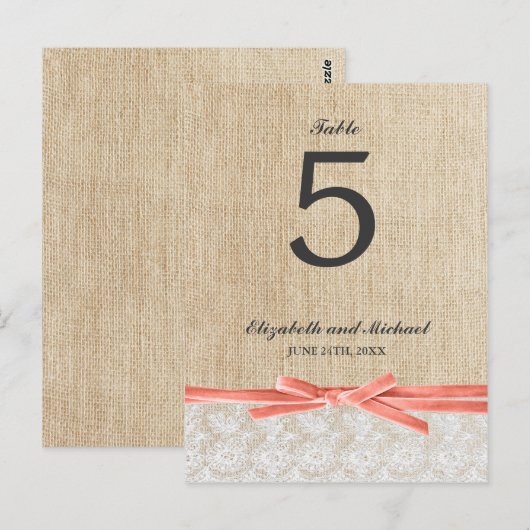 Rustic Burlap Lace Coral Ribbon Tafelnummer (Voorkant / Achterkant)