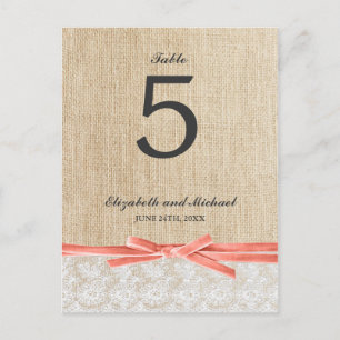 Rustic Burlap Lace Coral Ribbon Tafelnummer
