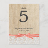 Rustic Burlap Lace Coral Ribbon Tafelnummer (Voorkant)