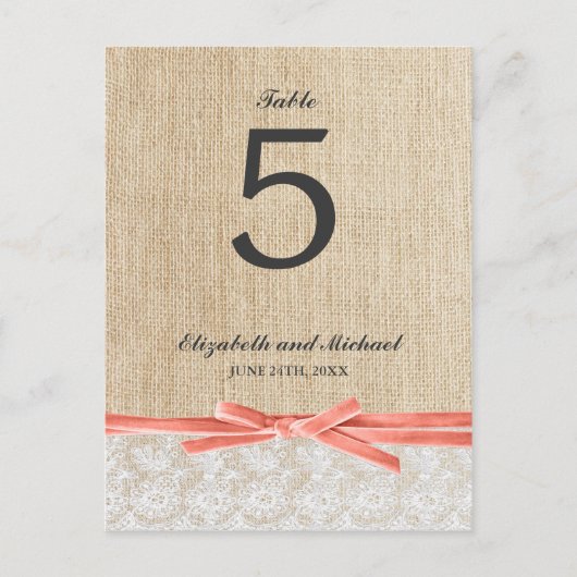 Rustic Burlap Lace Coral Ribbon Tafelnummer (Voorkant)
