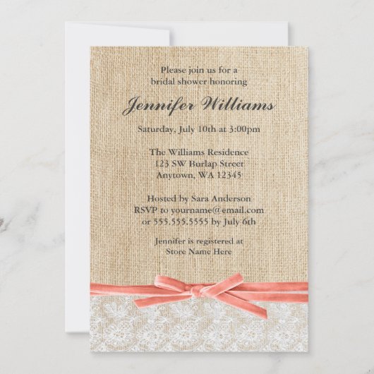 Rustic Burlap Lace Coral Ribbon Vrijgezellenfeest Kaart (Voorkant)