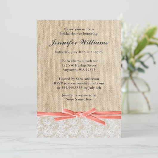 Rustic Burlap Lace Coral Ribbon Vrijgezellenfeest Kaart (Staand voorkant)