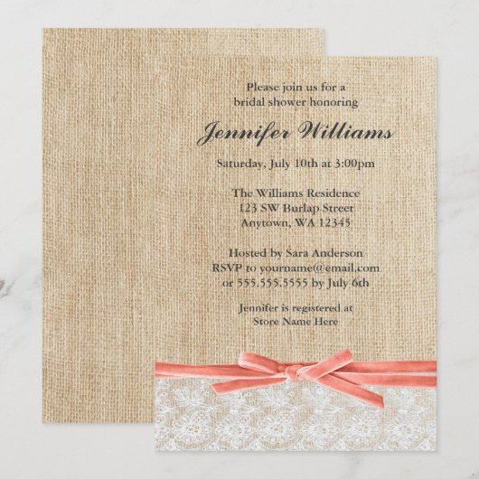 Rustic Burlap Lace Coral Ribbon Vrijgezellenfeest Kaart (Voorkant / Achterkant)