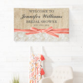 Rustic Burlap Lace Coral Ribbon Vrijgezellenfeest Spandoek (Insitu)