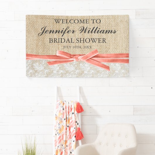 Rustic Burlap Lace Coral Ribbon Vrijgezellenfeest Spandoek (Insitu)