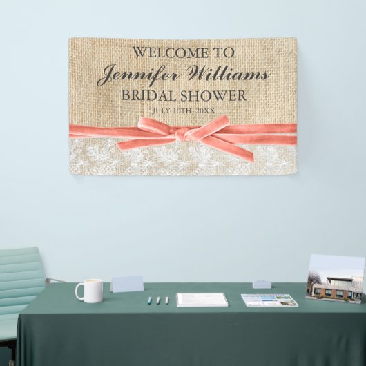 Rustic Burlap Lace Coral Ribbon Vrijgezellenfeest Spandoek (Beurs)