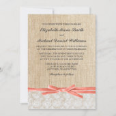 Rustic Burlap Lace Coral Ribbon Wedding Kaart (Voorkant)